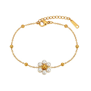 Pulsera de Perlas y Flores de Acero Inoxidable Chapada en Oro de 18K, Resistente al Agua y al Deslustre, para Mujer, Venta al Por Mayor - Product Image 1