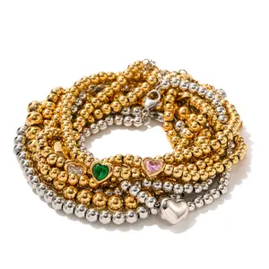Wholesale 4/5/6mm Beads 18k Gold PVD Plated Fashion Bracelet Jewelry Non Tarnish 316L Stainless Steel Men Beaded Bracelets Women
