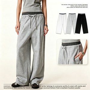 Celana Sweatpants <span class=keywords><strong>Streetwear</strong></span> Bahan Terry Motif Calf-Tripe, Celana Panjang <span class=keywords><strong>Plaid</strong></span> Dekonstruksi Berlapis Pinggang Ganda, Model Longgar Kaki Lurus - Product Image 3