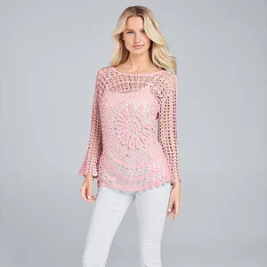 时尚2021夏季新款粉色女士钩针针织喇叭袖毛衣