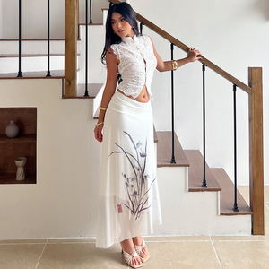 Women's New Chinese Style Ink Orchid Print <b>Skirt</b> White Asymmetrical Hem Sheer Midi <b>Skirt</b> with <b>Elastic</b> Waist Elegant 2026 Fashion - Product Image 2