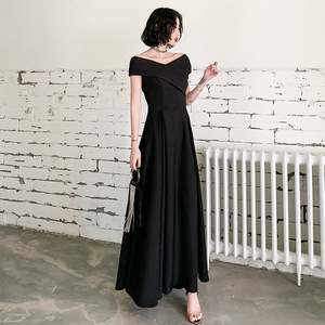 Off-Shoulder Black Evening Gown Long Skirt Empire Waist Elegant Women's Formal Dress for Wedding Banquet Hosting - Product Image 2