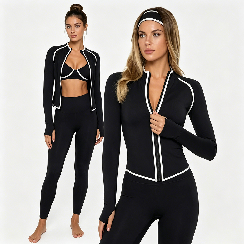 Manufacturer White Piping Yoga Set 3 Piece Activewear Tracksuit Full Zip Sleeveless Jacket Flared Pants Loungewear Women Sets