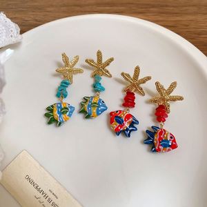 Pendientes Colgantes Bohemia de Aleación de Zinc con Baño de Oro, Diseño de Estrella de Mar y Pez Pequeño, Estilo Fresco y Dulce para Vacaciones en la Playa - Product Image 6
