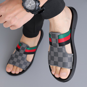 Sandales à enfiler à carreaux, bout ouvert, semelle extérieure en caoutchouc antidérapante, chaussures de plage décontractées d'été, tige textile, style à enfiler - Product Image 3