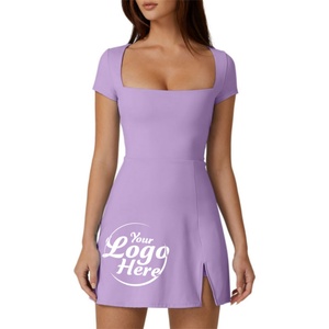 Vestido midi elegante de noche para mujer, cuello cuadrado, manga corta, pantalones cortos incorporados, cremalleras deportivas, bolsillos, 100% algodón - Product Image 1