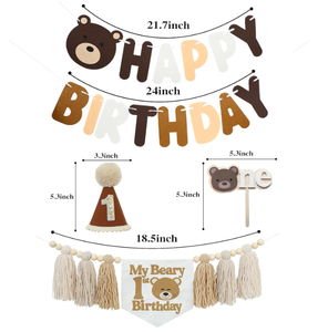 Décorations pour fête prénatale et <span class=keywords><strong>1er</strong></span> anniversaire sur le thème de l'ours : Bannière vintage suspendue, drapeaux pour <span class=keywords><strong>chaise</strong></span> haute, guirlande de pompons, chapeau 'UN' et décorations de gâteau 'Cupcake' - Product Image 6