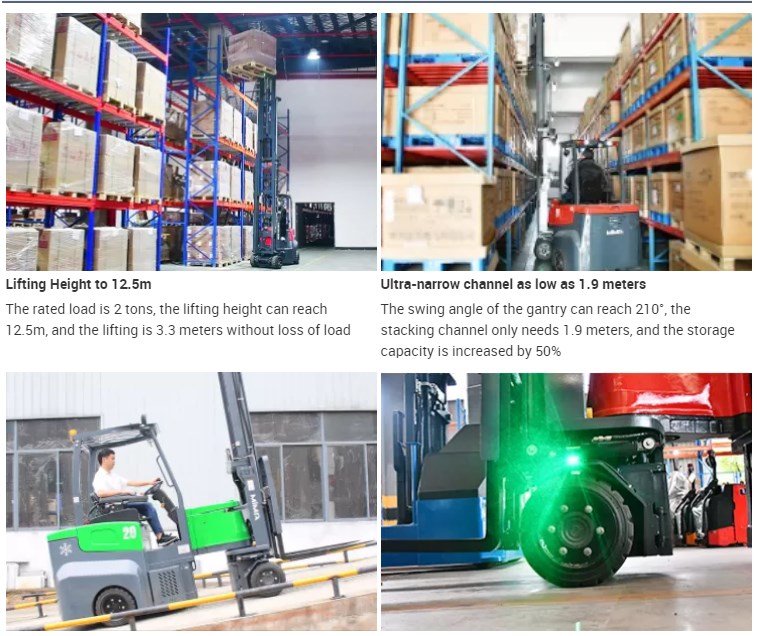 full AC system max lifting height 12.5m flexible steering electric articulated forklift for indoor and outdoor stacking