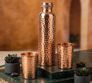 Copper Water <b>Bottle</b> With 2 <b>Glass</b> Handcrafted Ayurvedic Pure Copper Water <b>Bottle</b> for <b>Drinking</b> Hammered <b>Bottle</b> Men & Women Leak - Product Image 1