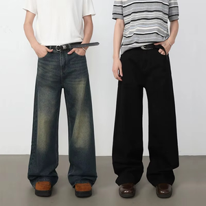 Pantalon long en denim délavé rétro américain pour homme, tendance, ample, droit, à jambes larges, élégant et polyvalent - Product Image 6