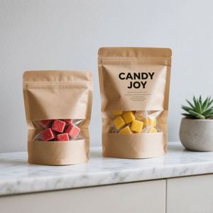 Bolsa de té Oem Odm de calidad alimentaria, bolsa de pie con estampado personalizado, bolsa de papel Kraft marrón Ziplock con ventanas - Product Image 1