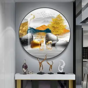 라이트 럭셔리 벽 아트 사슴 황금 나무 풍경 그림 거실 장식 크리스탈 도자기 그림