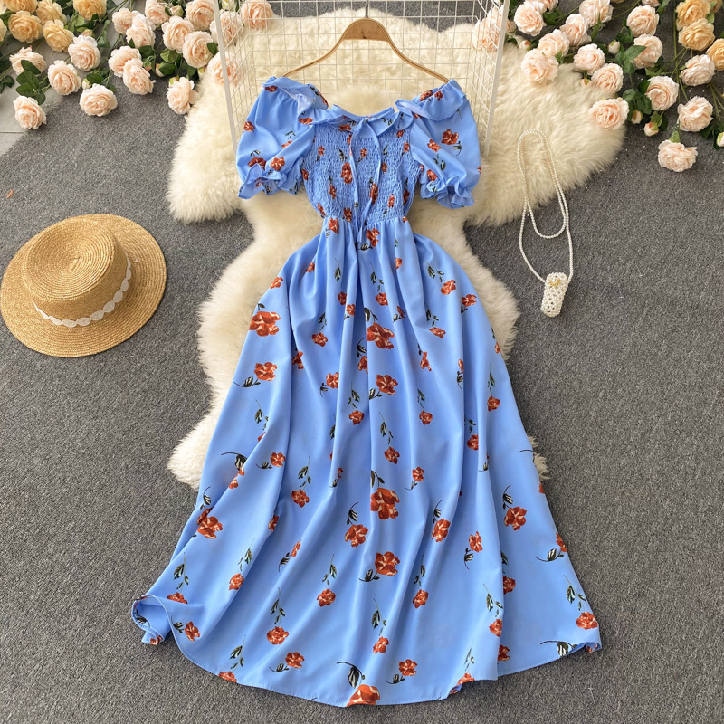 Fresh French vintage Fairy slim floral dress high waist drawstring pleated  waist skirt| Alibaba.com