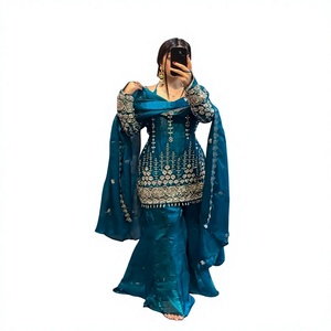 Elegant Blue Silk Salwar Kameez With Embroidered Dupatta Traditional Women's <b>Wedding</b> Wear India Pakistan - Product Image 1