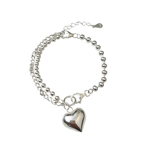 S925 Sterling Silver Double Layer <b>Beaded</b> Heart <b>Bracelet</b> For Women Korean Style Everyday Wear Jewelry - Product Image 5