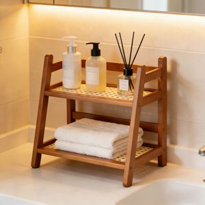 Doğal Bambu Çift Katlı Depolama Rafı, Havalandırmalı Delikli Raflar ve Sağlam A-Çerçeveli, Ev Ofisi İçin - Product Image 2