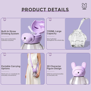 Bouteille d'eau pour enfants 1150 ml avec personnage mignon, sans BPA, en PC, avec paille et sangle de transport, personnalisable, OEM ODM, pour fêtes - Product Image 4