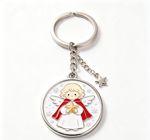 Porte-clés en métal émail rond avec pendentif étoile argenté, motif ange de Noël élite, accessoire cadeau - Product Image 1