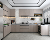 Meuble de cuisine modulaire classique personnalisable en bois peint jaune clair avec évier, marbre et quincaillerie à fermeture douce pour appartement