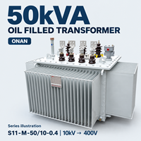Transformateur de distribution triphasé immergé dans l'huile, puissance nominale 50 KVA, 10/10,5/11 kV vers 400 V 50/60 Hz, ONAN, cuivre/aluminium, personnalisable