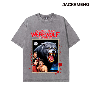 Camiseta Oversize de Algodón Lavado con Estampado de Citas <span class=keywords><strong>del</strong></span> Película de Terror 'Un <span class=keywords><strong>Hombre</strong></span> <span class=keywords><strong>Lobo</strong></span> Americano en Londres', Estilo Retro Urbano Casual, EE. UU. - Product Image 2