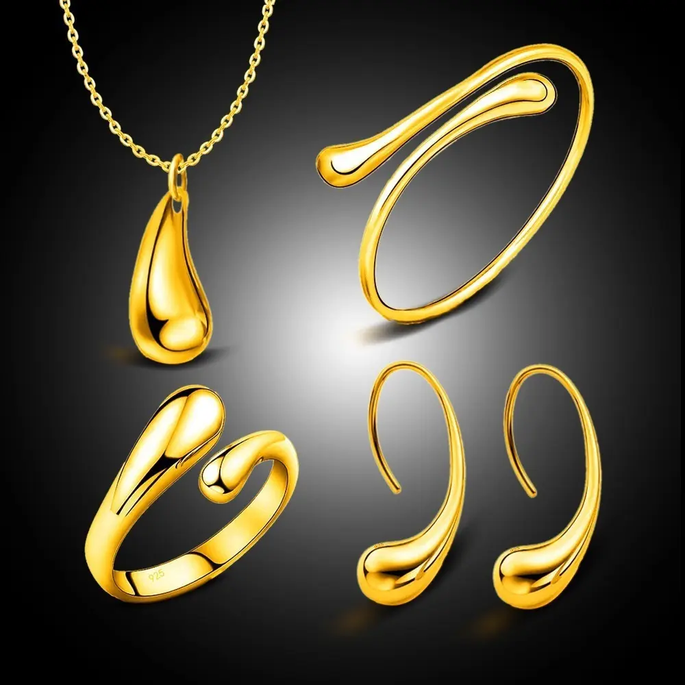 2022 dubai liga de jóias conjunto, ouro banhado à água gota forma anel brinco colar conjunto bijuterii