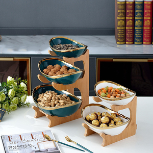 European Style Dried Fruit <strong>Tray</strong> 3 Tier <strong>Candy</strong> Dessert Serving Plate High Ceramic Dried Fruit Plate With Wooden Stand - Product Image 5