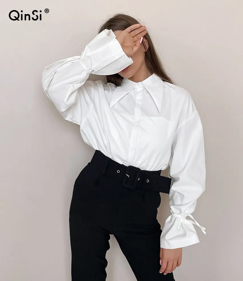 Bclout Casual Korean Lady White Women Blouse Turn-Down Collar Long Sleeve Lace Up Shirt Elegant Office Lady White Women Blouse