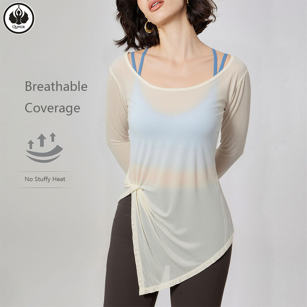 QUMOR 100% Polyester Breathable Lightweight Women's Quick-Drying Long Sleeve Yoga Blouse Loose Draping Meat-Covering Fitness Top