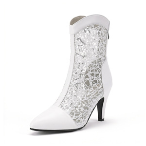 Patchwork Lace Sequin Ankle <b>Booties</b> Rear Zip Closure Pointed Toe Slim Stiletto High Heel Four Season Evening Party Women Short - Product Image 4