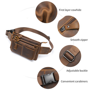 Sac banane pour homme en cuir véritable de qualité supérieure, sac banane rétro en cuir de vachette pleine fleur, sac de poitrine tactique multi-poches pour l'extérieur - Product Image 2