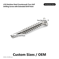 Sekrup Bor Sendiri Kepala Torx Countersunk Baja Tahan Karat 410 dengan Mata Bor yang Diperpanjang untuk Pemasangan Kayu dan Baja Tebal