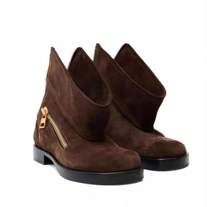 Women's Low Square Heels Loose Ankles <b>Boots</b> Back Zipper Causal Suede Shoes Round Toe Flat Short Booties - Product Image 6