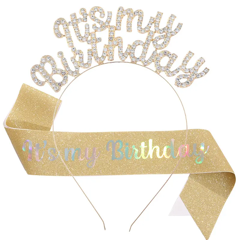 New arrival it is my birthday rhinestone tiara with glitter sash birthday crown set for woman girls Birthday party