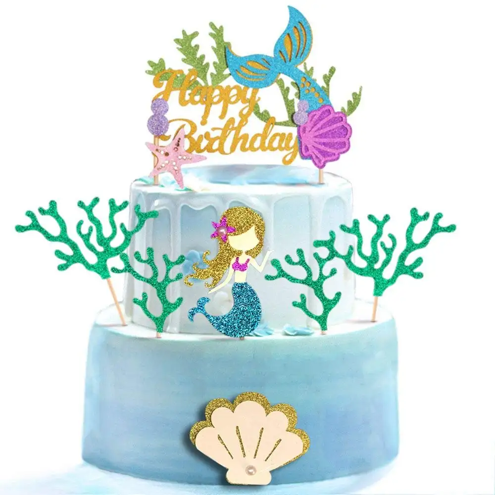 レモン7pcsキラキラマーメイドテーマケーキトッパー海藻カップケーキケーキトッパーお誕生日おめでとうマーメイドをテーマにしたパーティーの装飾