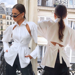 Chemisier Chic Blanc à Manches Longues et Dos Ouvert avec Ceinture et Boutons, Style Urbain et Professionnel pour Femme, avec Poche Poitrine - Product Image 1
