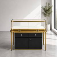 Comptoir de présentation de bijoux en acier inoxydable doré brossé, vitrine en verre haute transparence avec tiroirs verrouillables et armoire de rangement