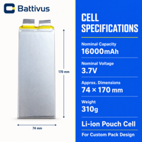 BATTERIE LI-ION POLYMERES BATTIVUS 16000mAh 3.7V 59.2Wh, cellule en pochette 74x170mm, rechargeable pour stockage d'énergie solaire, alimentation de secours, OEM