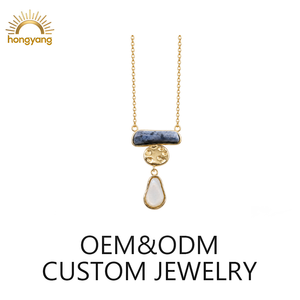 Collier pendentif en or style bohème, superposé, avec pierre bleue, barre, disque et goutte d'eau, pour femme, en acier inoxydable 316L - Product Image 1
