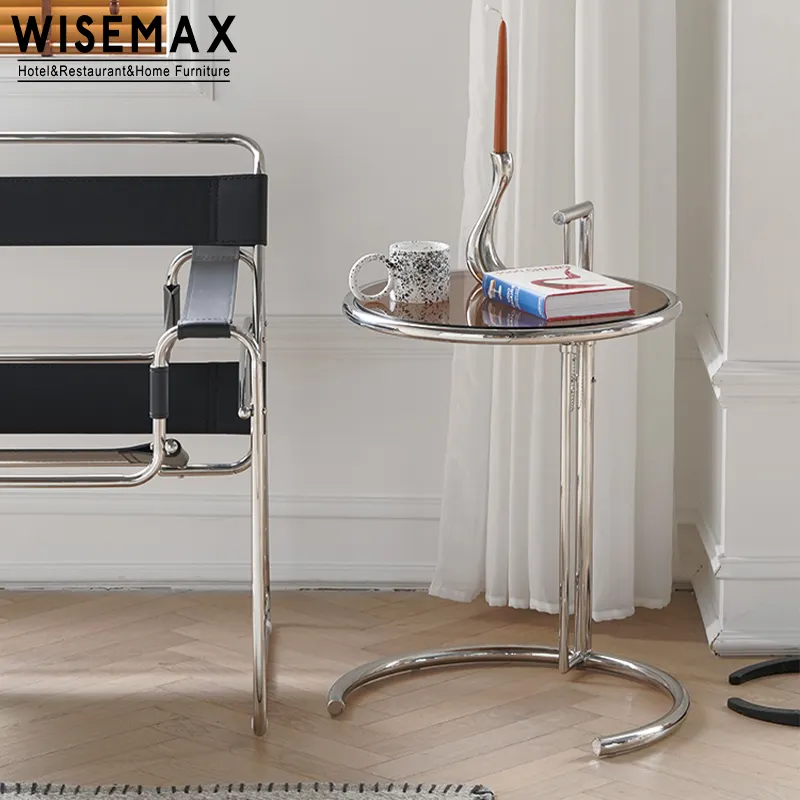 WISEMAX-mesa de centro redonda de cristal y té, muebles de diseño moderno, de acero inoxidable, altura ajustable, mesa lateral para sofá, mesita de noche