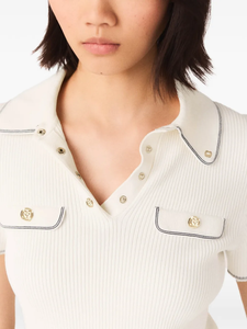 Date And <b>Party</b> Ribbed Knit Gold Knots Contrast Piping Short Sleeve Slim Knit <b>Shirt</b> for Women - Product Image 3