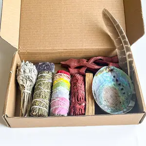 7 Chakra White Sage Smudge Kit Beginner's Gift Set Dragons Blood Cedar Peru Palo Santo With Red Wood Stand Abalone Shell