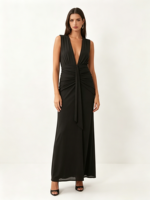 Robe longue sirène noire sans manches pour femme, col en V profond, taille froncée à nouer devant, élégante pour soirée, cocktail ou tenue de soirée moulante