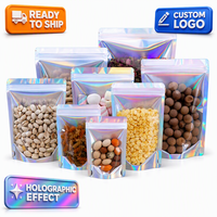 Sacs en Mylar holographiques personnalisés avec logo, pochettes verticales, sacs refermables à fermeture éclair effet laser arc-en-ciel pour emballage de bonbons, snacks, aliments et gloss à lèvres