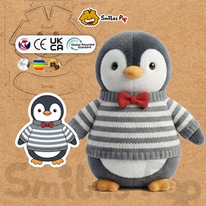Peluche pingouin mignon avec pull rayé et nœud papillon, tissu recyclé sûr et non toxique, motifs personnalisés disponibles, certifications CE et UKCA - Product Image 1