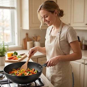 Wok en fonte moulé d'une seule pièce, martelé, antiadhésif, avec anneau anti-graisse, facile à nettoyer, couvercle en verre trempé et base en fonte, <span class=keywords><strong>pour</strong></span> la maison - Product Image 6