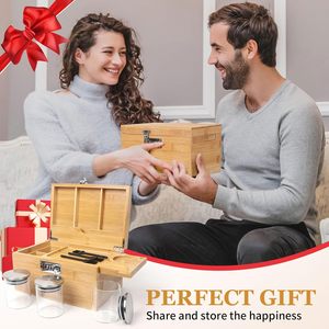 صندوق كبير مخفي من الخيزران مخصص مزود بمربع فضي صندوق تخزين خشبي مزخرف بقفل مع برطمانات وفرش - Product Image 5