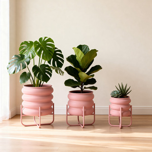3 件套粉色粉末涂层金属花盆室内室外现代铁艺花盆适用于花园客厅婚礼装饰 - Product Image 1