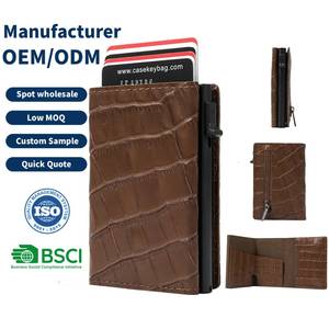 Portefeuille magnétique en cuir véritable à motif crocodile de luxe Casekey, porte-cartes RFID sécurisé, mécanisme pop-up RFID à trois volets avec fermeture éclair - Product Image 1