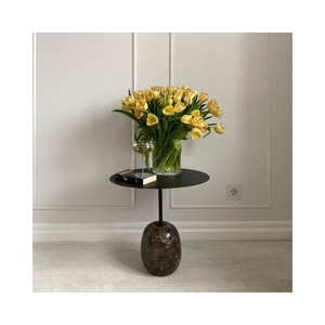 SH STONE Customized <strong>Round</strong> <strong>Black</strong> Carbon Steel Top Dark Emperador Brown Natural Marble Base Living Room <strong>Side</strong> <strong>Table</strong> - Product Image 1